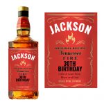 a bottle of alcohol with a red label with Jack Daniel's in the background