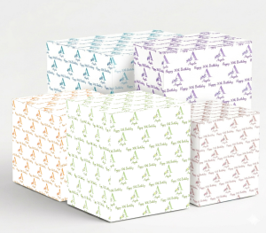 Five square gift boxes wrapped in personalised 30th birthday wrapping paper, set against a plain white background. Each box features a different colour theme including blue, purple, gold, green, and pink. The wrapping paper has a repeating floral number 30 pattern that says Happy 30th Birthday with the name Angela.