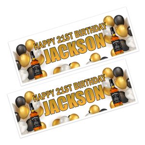 bottle of jack daniels whiskey on a birthday banner