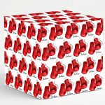 A square gift box wrapped in white paper featuring a repeating pattern of hanging red boxing gloves. Text integrated into the pattern reads Happy 40th Birthday alongside the personalised name Jackson.