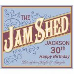 a blue and yellow sign with white text saying jam shed wine