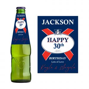a bottle of beer with a Kronenbourg beer label saying happy birthday and a name