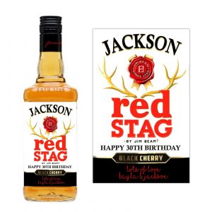 a bottle of liquor and a label saying happy birthday for Jim Beam