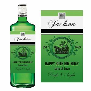 a bottle of gordons gin with a green label saying happy birthday