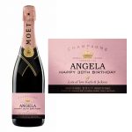 a bottle of champagne with a pink label text reading happy birthday and a name