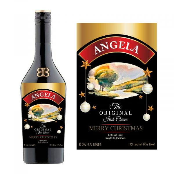 a bottle of Christmas Baileys and a label