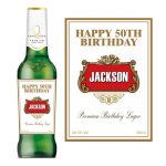 a bottle of stella lager and a label