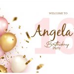a pink and gold balloons and confetti