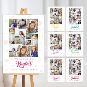 lots of photos on party welcome sign