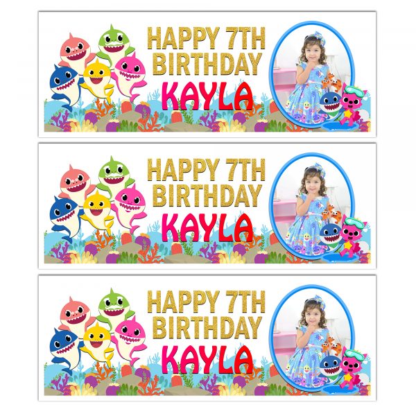 party banners for the wall with a photo of a child on with baby shark