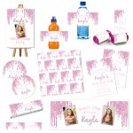 a group of pink and white party items