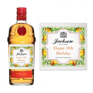 bottle of gin with a customised label for a birthday