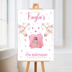 unicorn party signs with a photo of child