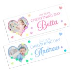 photo of a baby on a wall banner celebrating a christening