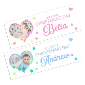 photo of a baby on a wall banner celebrating a christening
