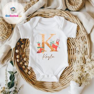 cute woodland animals on a baby vest with a name