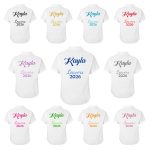 a personalised school leavers white shirt with a name and year on the back