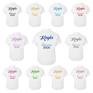 a personalised school leavers white shirt with a name and year on the back