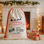Big sack with Christmas theme and name printed onto it with red strings