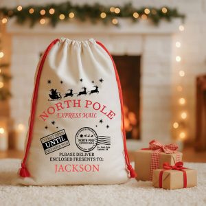 Big sack with Christmas theme and name printed onto it with red strings