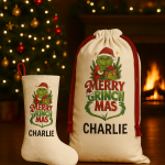 Grinch-themed Christmas stocking and bag
