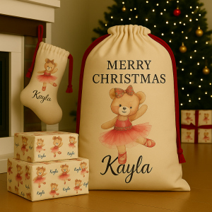 Christmas sack, stocking, and presents featuring a cute ballerina teddy bear design and the name Kayla, displayed in a cozy festive living room with a Christmas tree and warm holiday lighting