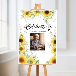 Celebration of life with sunflowers memorial sign