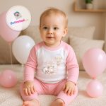 A young child sitting on a bed wearing pink and white personalised birthday pyjamas featuring a sleeping hippo, a pastel hot air balloon, and the name Amelia, surrounded by pink balloons.