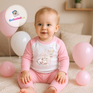 A young child sitting on a bed wearing pink and white personalised birthday pyjamas featuring a sleeping hippo, a pastel hot air balloon, and the name Amelia, surrounded by pink balloons.