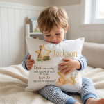 Personalised ultimate white pocket cushion for a child named Jackson featuring a watercolor lion and safari reading rhyme on a neutral grey background.
