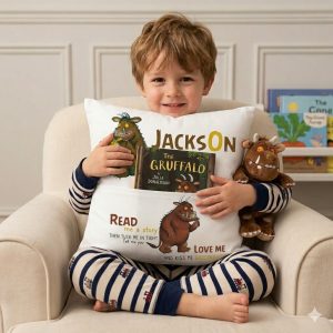The Gruffalo reading book pillow personalised with a childs name