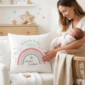 A baby nursery lifestyle photo showing a woman holding a baby in a rainbow swaddle, resting her hand on a custom boho rainbow birth detail cushion.