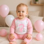 Toddler wearing personalised name Some Bunny Is Two 2nd birthday pyjamas in pink with balloons.