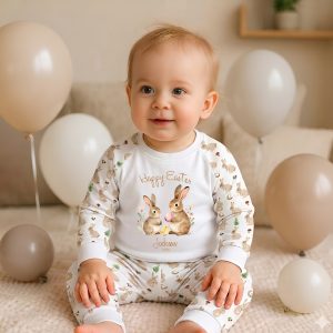 Toddler in personalised name Happy Easter 2026 pyjamas with rabbit pattern and neutral balloons.