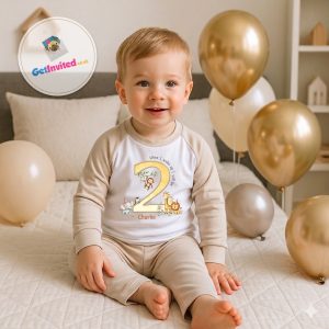 A child wearing Personalised Safari Jungle Animal Birthday Pyjamas featuring a lion, giraffe, elephant, and custom name.