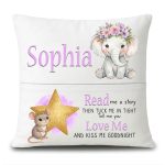 Personalised kids white storybook pocket cushion with the name 'Sophia', a floral elephant, and a mouse with a glittery gold star. 