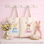 Personalised canvas Easter tote bag with watercolour bunny and custom name print.