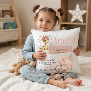 Personalised 40cm x 40cm children's reading cushion featuring a front book pocket, a cute watercolour giraffe and hippo, and the name Amelia in pink