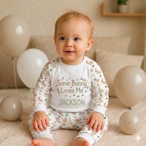 Child wearing personalised Some Bunny Loves Me rabbit pyjamas sitting on a bed with neutral balloons.