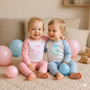 Two toddlers wearing personalised Happy Easter pyjamas with bunny ears, one in pink and one in blue, sitting with balloons.