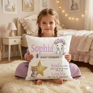 Personalised kids white storybook pocket cushion with the name 'Sophia', a floral elephant, and a mouse with a glittery gold star.