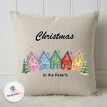 Personalised Christmas family cushion 45cm linen with colourful houses and custom family name