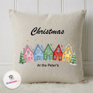 Personalised Christmas family cushion 45cm linen with colourful houses and custom family name