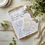 Personalised white cotton tea towel featuring a detailed reproduction of a handwritten recipe for Cheesy Broccoli Bisque with ingredient lists and a grape vine doodle based on a photo