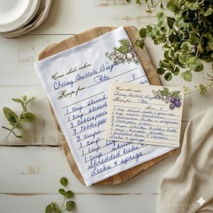 Personalised white cotton tea towel featuring a detailed reproduction of a handwritten recipe for Cheesy Broccoli Bisque with ingredient lists and a grape vine doodle based on a photo