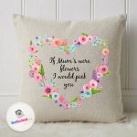 Personalised Mum floral cushion with if mums were flowers I would pick you quote in premium DTG ink. Close-up: Detail of floral heart design on a personalised linen cushion for Mum.