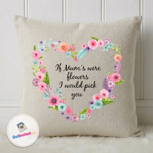 Personalised Mum floral cushion with if mums were flowers I would pick you quote in premium DTG ink. Close-up: Detail of floral heart design on a personalised linen cushion for Mum.