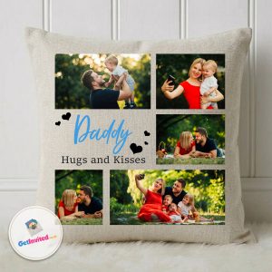 Personalised white photo cushion with five family pictures and Daddy Hugs and Kisses text.