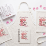 ersonalised family baking set including adult and child aprons with chef hats and A4 recipe