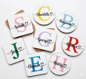 Personalised square and round white coasters featuring colourful initials and script names, highlighting the 4mm thickness and cork backing.